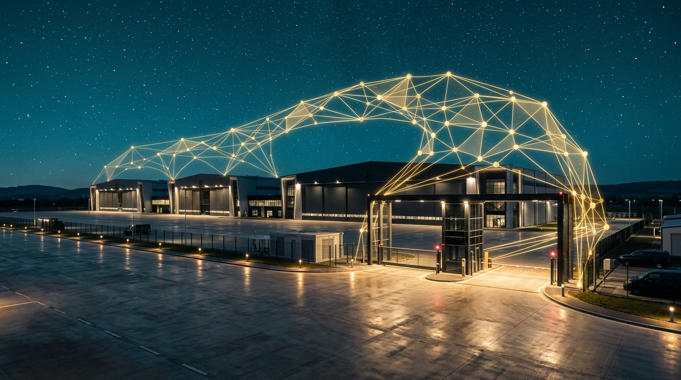 A secure aerospace campus at night beneath a gold network of connected nodes