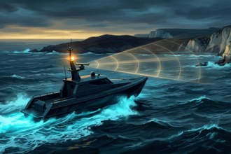 An uncrewed patrol boat with a radar mast navigating coastal water at blue hour