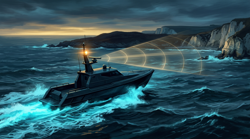 An uncrewed patrol boat with a radar mast navigating coastal water at blue hour