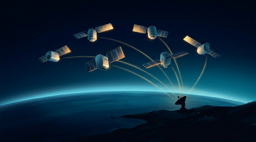 Six commercial surveillance satellites in formation above a night side Earth, downlinking to a single ground station dish
