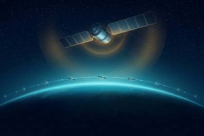 A Russian military satellite with a cylindrical body and rectangular solar panels above Earth's limb with a gold radiation halo