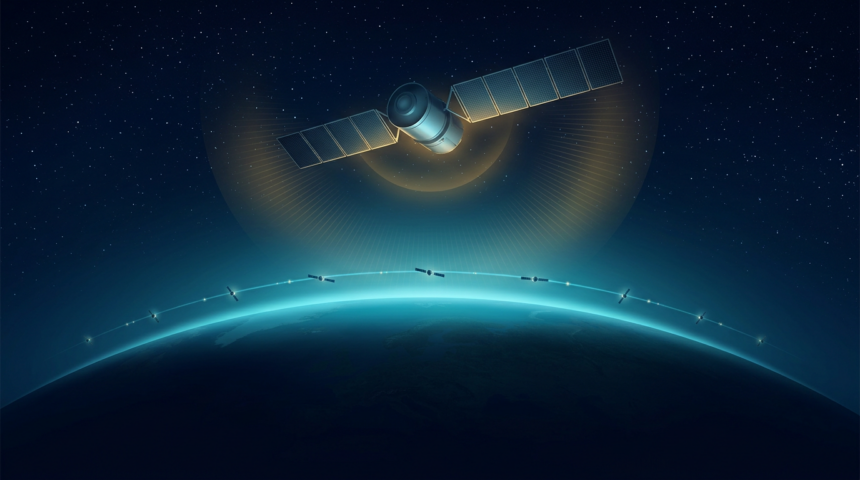 A Russian military satellite with a cylindrical body and rectangular solar panels above Earth's limb with a gold radiation halo