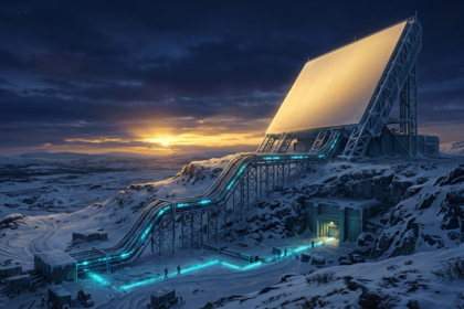 A ground-based early warning radar array at dusk on an Arctic tundra ridge with glowing conduits running to a buried operations block