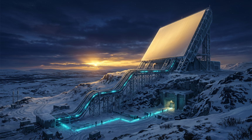 A ground-based early warning radar array at dusk on an Arctic tundra ridge with glowing conduits running to a buried operations block