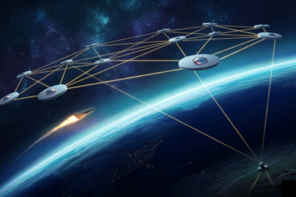 Missile tracking satellites linked by gold laser crosslinks above Earth's terminator while a hypersonic glide vehicle streaks below