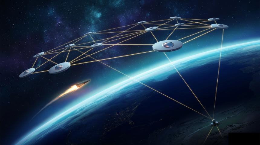 Missile tracking satellites linked by gold laser crosslinks above Earth's terminator while a hypersonic glide vehicle streaks below