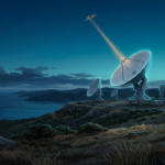 A cluster of white parabolic satellite tracking dishes on a coastal hilltop at dusk with a gold radio beam rising toward a small satellite