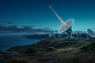 A cluster of white parabolic satellite tracking dishes on a coastal hilltop at dusk with a gold radio beam rising toward a small satellite