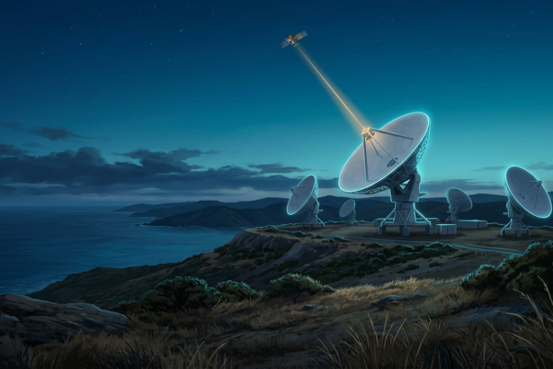 A cluster of white parabolic satellite tracking dishes on a coastal hilltop at dusk with a gold radio beam rising toward a small satellite