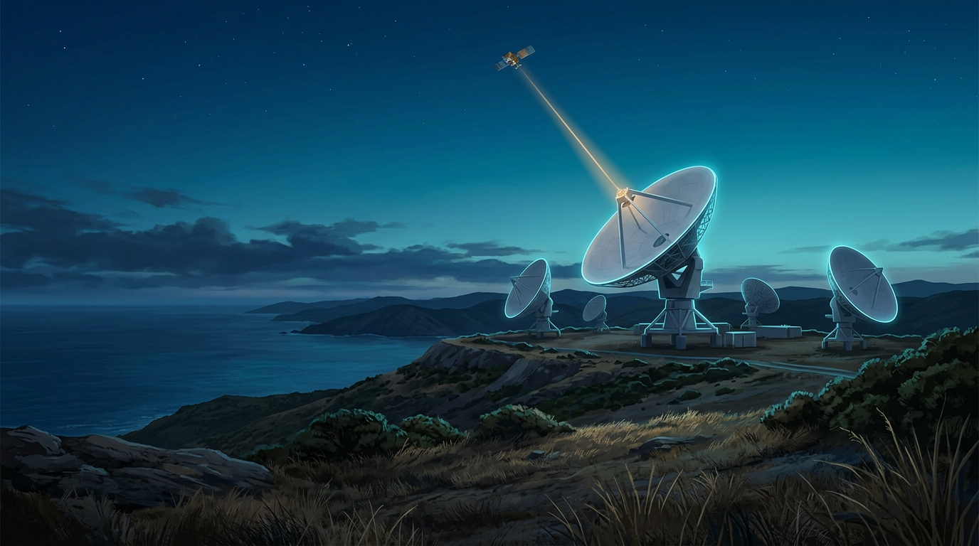 A cluster of white parabolic satellite tracking dishes on a coastal hilltop at dusk with a gold radio beam rising toward a small satellite