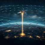 A dense mega-constellation of satellites in orbital shells above a night side Earth with a gold data beam rising from one satellite platform