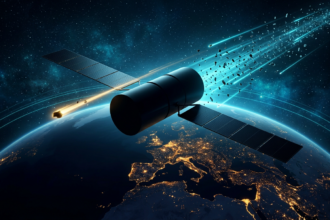 A large featureless communications satellite above the night side of Earth with debris fragments streaking past on cyan trajectories
