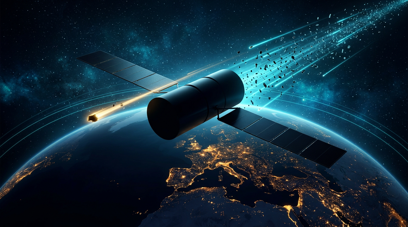 A large featureless communications satellite above the night side of Earth with debris fragments streaking past on cyan trajectories