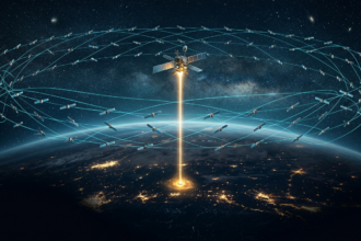 A dense mega-constellation of satellites in orbital shells above a night side Earth with a gold data beam rising from one satellite platform
