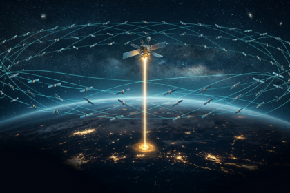 A dense mega-constellation of satellites in orbital shells above a night side Earth with a gold data beam rising from one satellite platform