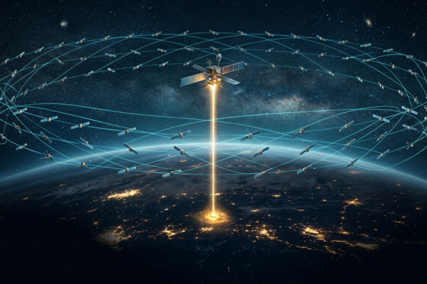 A dense mega-constellation of satellites in orbital shells above a night side Earth with a gold data beam rising from one satellite platform