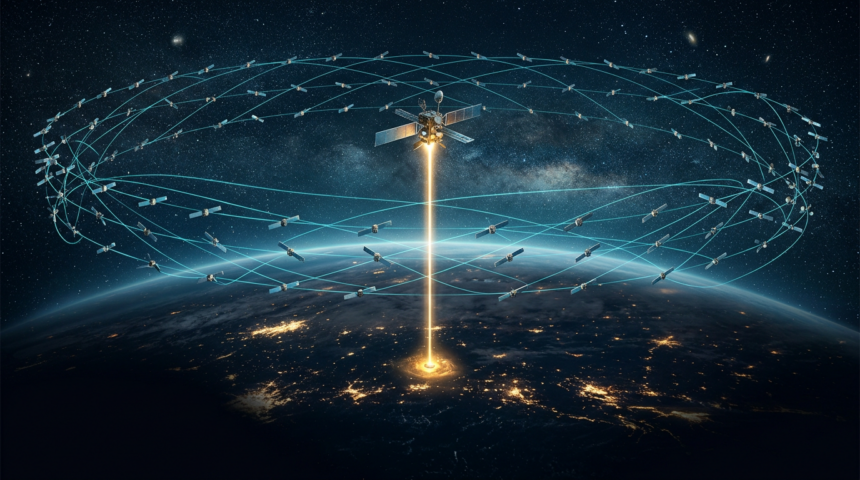 A dense mega-constellation of satellites in orbital shells above a night side Earth with a gold data beam rising from one satellite platform