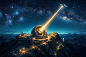 Ground-based laser observatory dome firing a gold beam at a reconnaissance satellite over a night mountain range