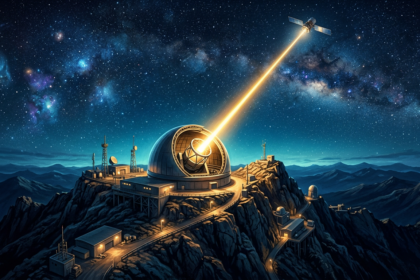 Ground-based laser observatory dome firing a gold beam at a reconnaissance satellite over a night mountain range