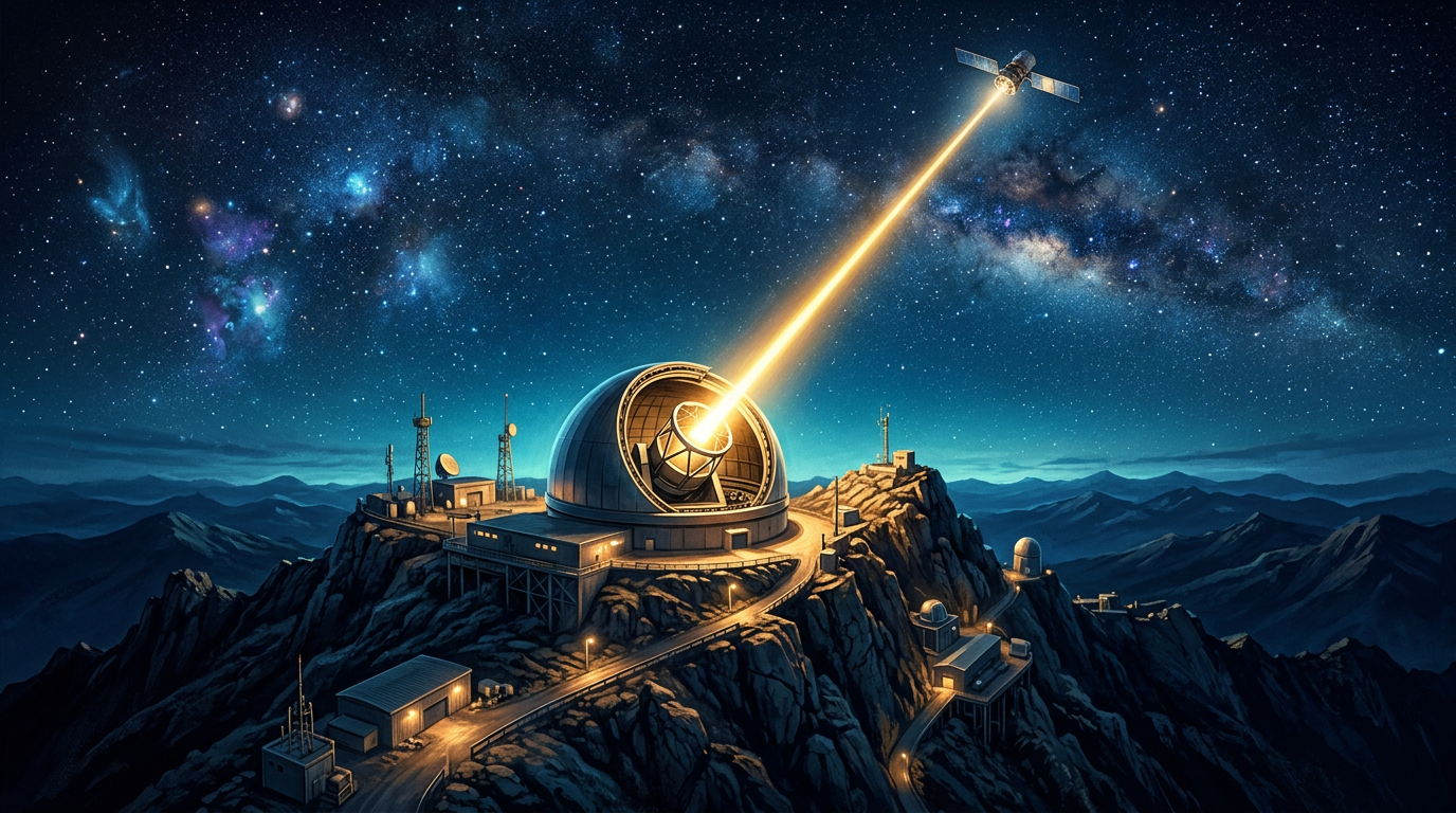 Ground-based laser observatory dome firing a gold beam at a reconnaissance satellite over a night mountain range