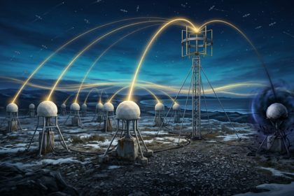 Geodesic GNSS reference antenna domes on a Baltic coastal plain beaming gold signal arcs to navigation satellites, one antenna dimmed by a disruption halo