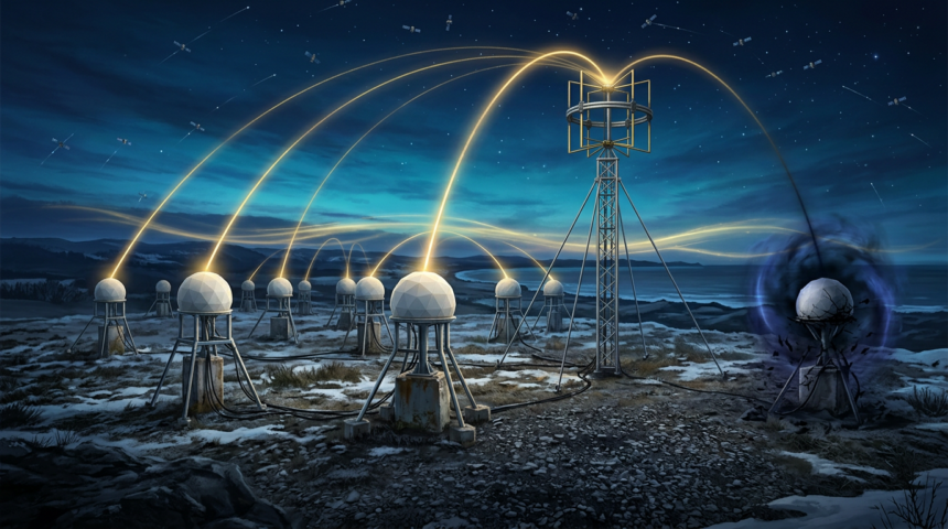 Geodesic GNSS reference antenna domes on a Baltic coastal plain beaming gold signal arcs to navigation satellites, one antenna dimmed by a disruption halo