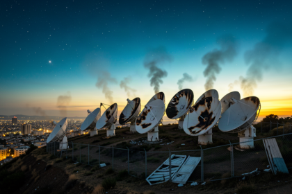 Scorched satellite dish antennas at a ground station at dusk