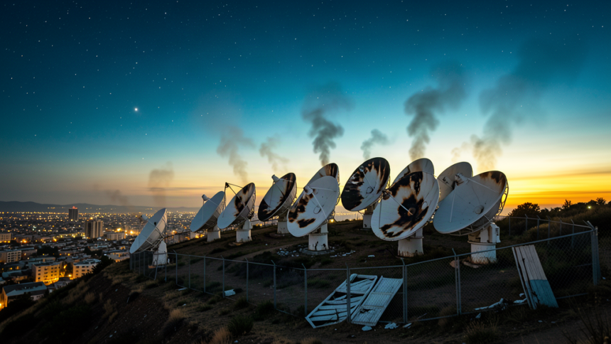 Scorched satellite dish antennas at a ground station at dusk