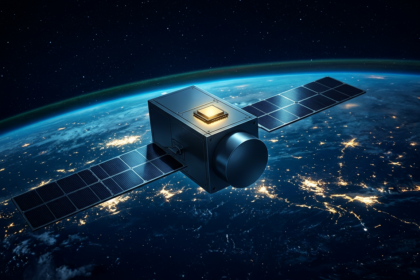 Compact boxy 6U small satellite with flat solar panels above night-side Earth, gold light at its secure module