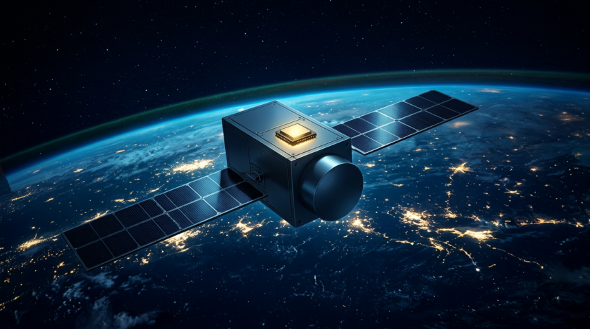 Compact boxy 6U small satellite with flat solar panels above night-side Earth, gold light at its secure module