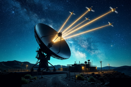 Large satellite ground station dish at night beaming gold light toward boxy satellites overhead