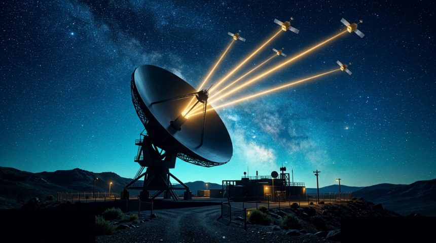 Large satellite ground station dish at night beaming gold light toward boxy satellites overhead
