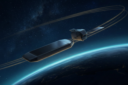 Two satellites flying in close formation above the night side of Earth, with gold orbital trails behind them