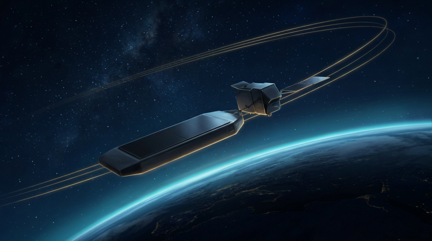 Two satellites flying in close formation above the night side of Earth, with gold orbital trails behind them