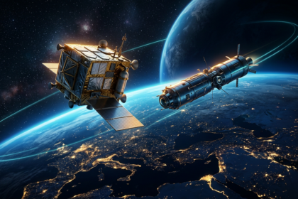 Two spacecraft in low Earth orbit passing close to each other above a night side Earth