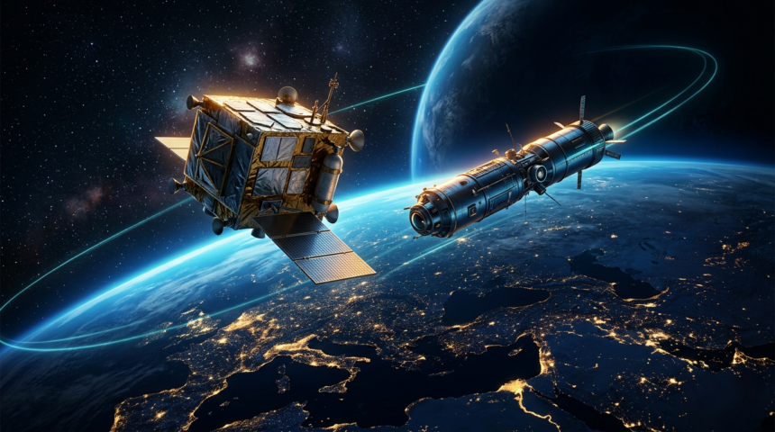 Two spacecraft in low Earth orbit passing close to each other above a night side Earth