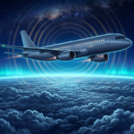 Twin-engine airliner above a night cloud deck with gold signal rings and a cyan aurora on the horizon