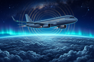Twin-engine airliner above a night cloud deck with gold signal rings and a cyan aurora on the horizon
