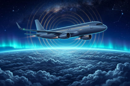Twin-engine airliner above a night cloud deck with gold signal rings and a cyan aurora on the horizon