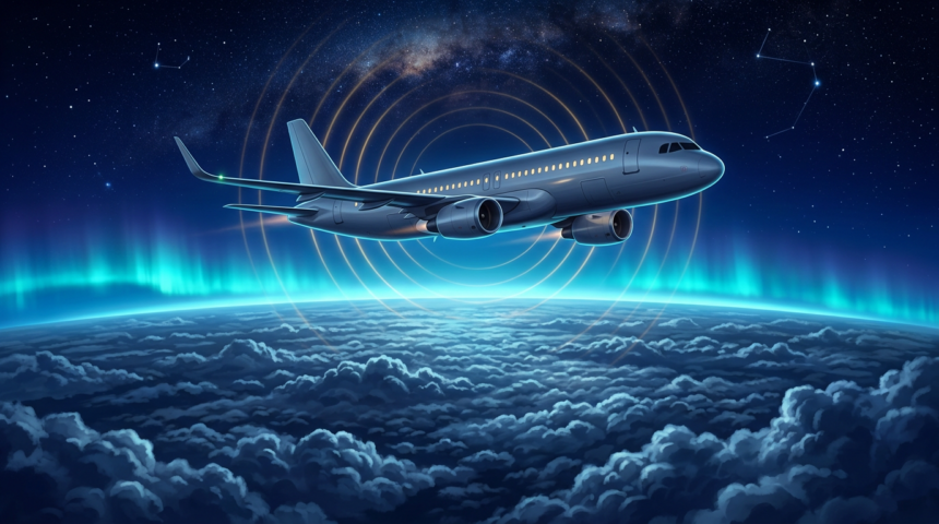 Twin-engine airliner above a night cloud deck with gold signal rings and a cyan aurora on the horizon