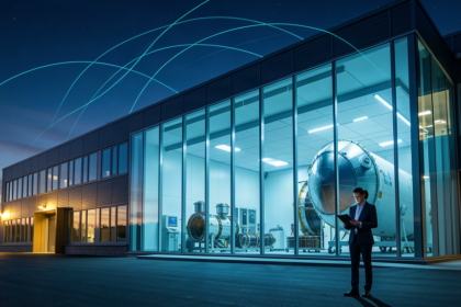 Swiss aerospace assembly facility at dusk with satellites visible inside a glass-walled clean room