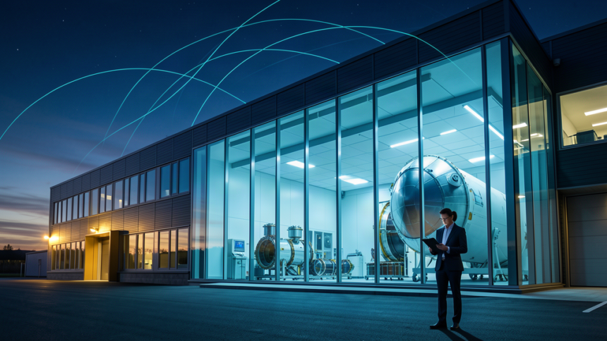Swiss aerospace assembly facility at dusk with satellites visible inside a glass-walled clean room