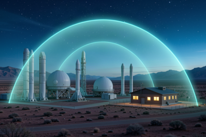 Missile defense campus on a Colorado plateau at twilight with radar domes and a cyan protective dome
