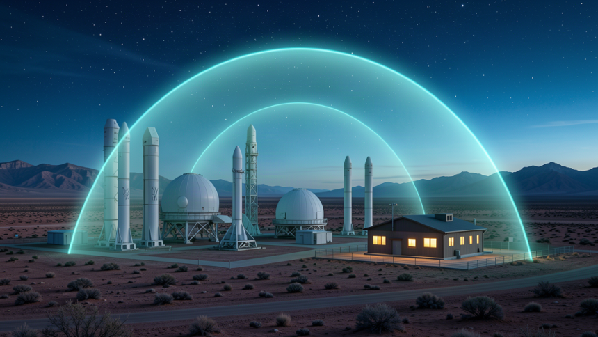 Missile defense campus on a Colorado plateau at twilight with radar domes and a cyan protective dome