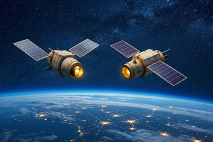 Two aging missile-warning satellites drifting into a graveyard orbit above a night-lit Earth