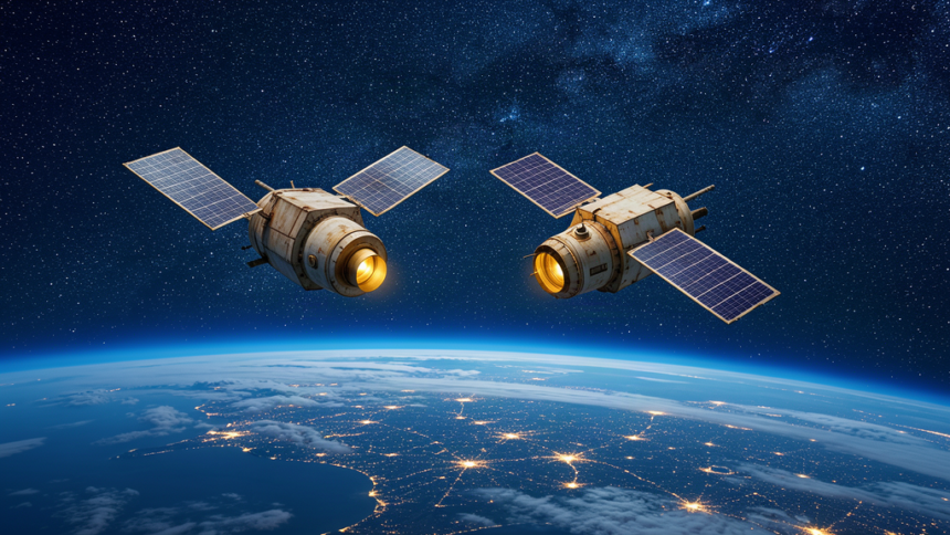 Two aging missile-warning satellites drifting into a graveyard orbit above a night-lit Earth