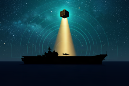 A carrier silhouette receiving a gold GPS beam from a satellite through jamming waves