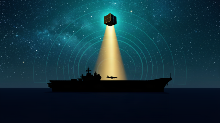 A carrier silhouette receiving a gold GPS beam from a satellite through jamming waves