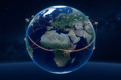 A satellite constellation and gold data threads over a night-time view of Eurasia