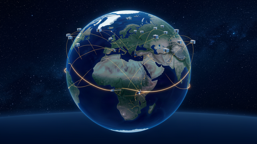 A satellite constellation and gold data threads over a night-time view of Eurasia